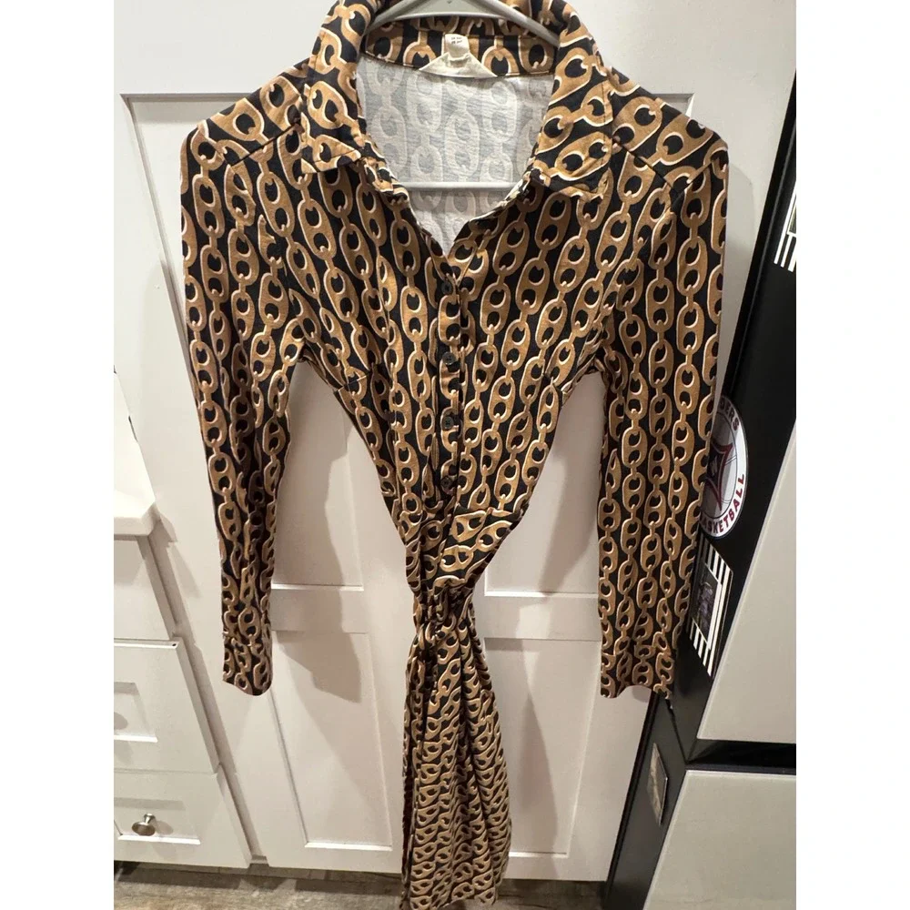 Boden Women Gold Black‎ Chain Link Print Long Sleeve Tie Waist Shirt Dress 2P